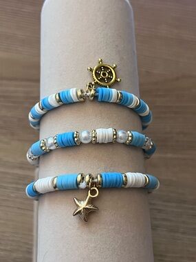 3 Piece Blue White Beaded Stretch Bracelet Set Starfish Ship Wheel Charm